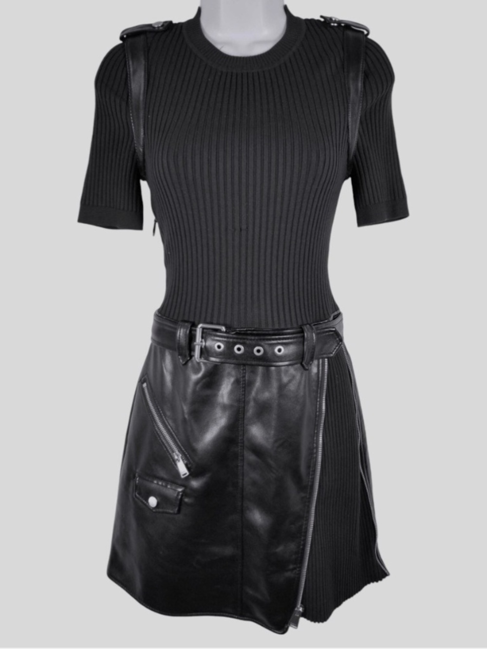 Simkhai Women's Black Vegan Leather & Knit Combo Mini Dress Size M